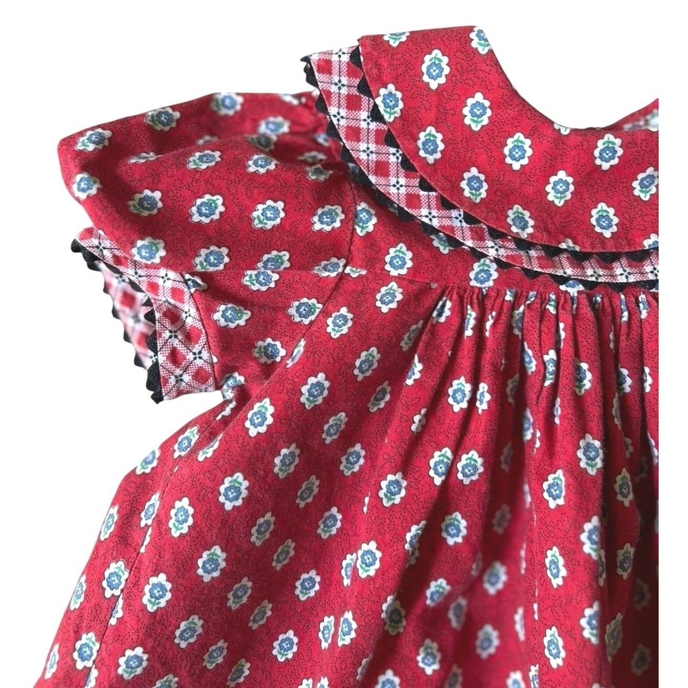 Youngland Red White Blue Floral Plaid Cotton Summer Dress 3T Peter Pan Collar